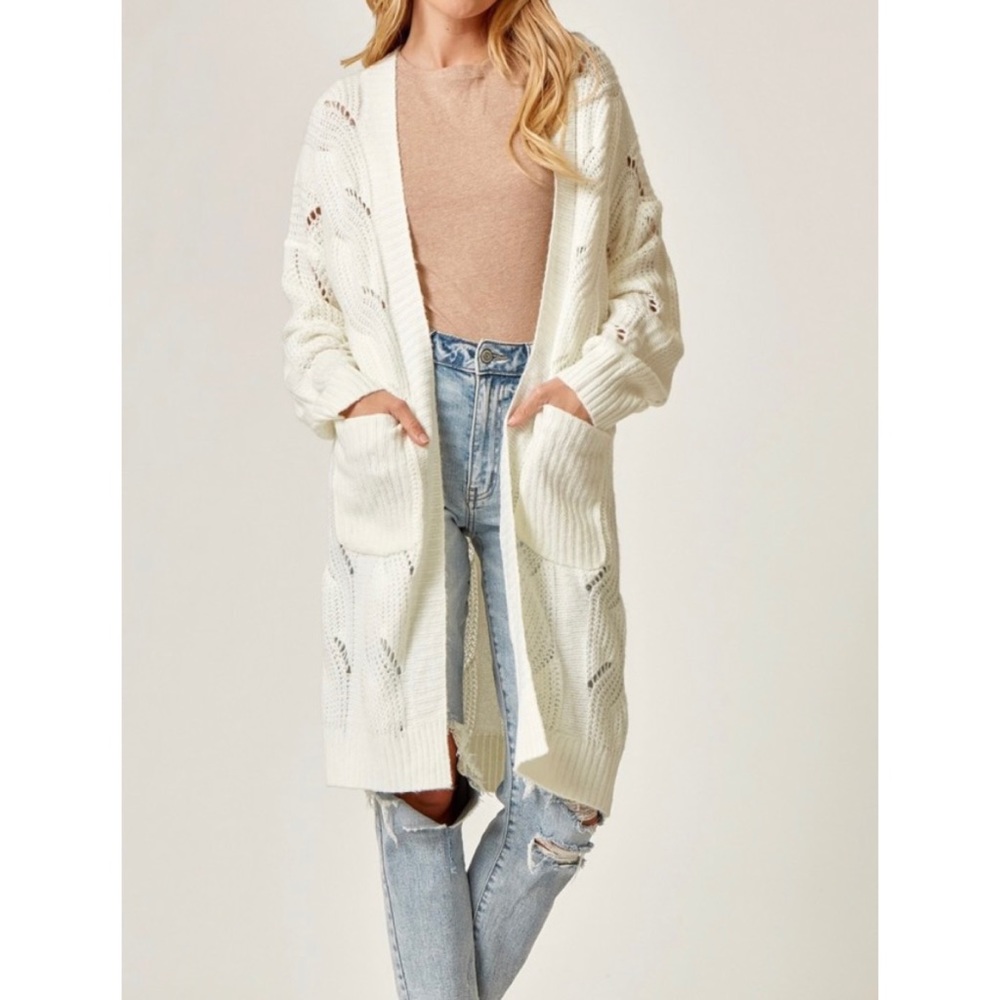 Ivory Textured Open Front Cardigan Oversized